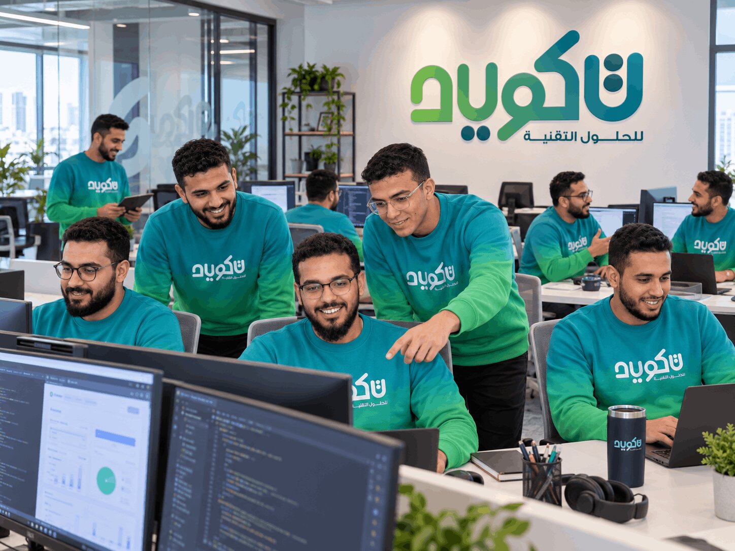 مكتب شركة تكويد للحلول التقنية وفريق العمل أثناء تنفيذ المشاريع